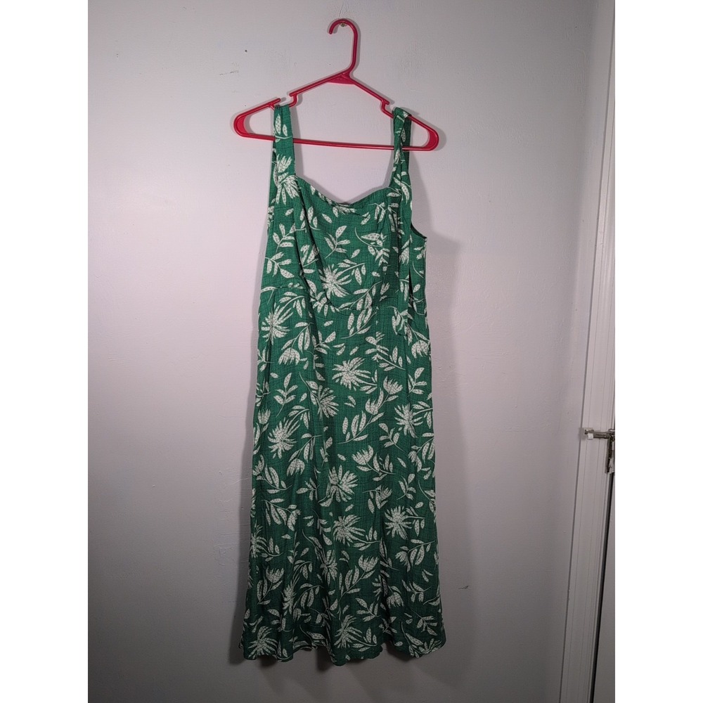 Oak & Trellis Floral Midi Dress Womens Large Green & White Tie Strap